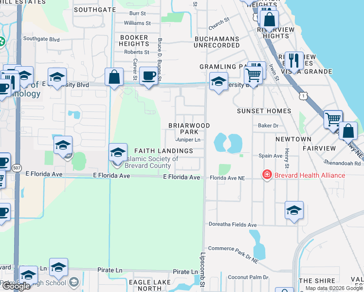 map of restaurants, bars, coffee shops, grocery stores, and more near 808 Cedar Dr in Melbourne