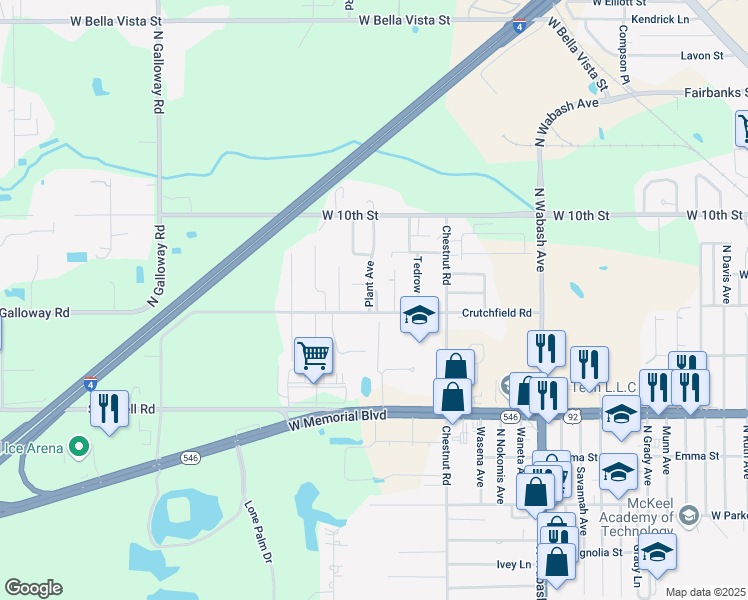 map of restaurants, bars, coffee shops, grocery stores, and more near 1211 Plant Avenue in Lakeland