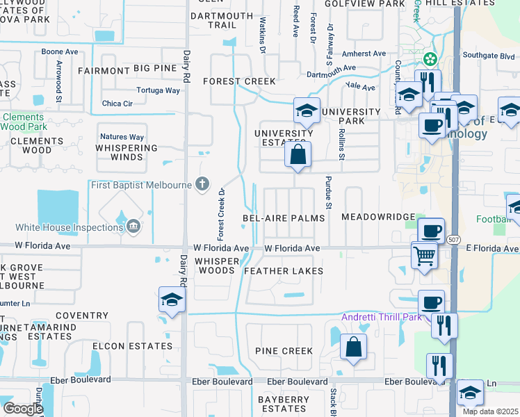 map of restaurants, bars, coffee shops, grocery stores, and more near 3392 Floral Palm Boulevard in Melbourne