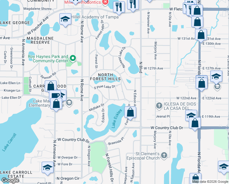 map of restaurants, bars, coffee shops, grocery stores, and more near 12114 Knoll Street in Tampa