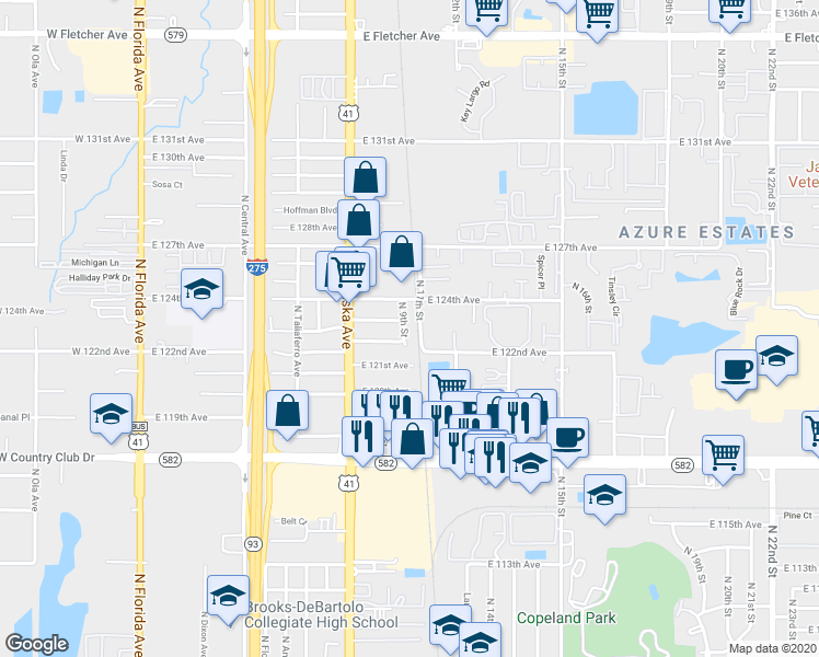 map of restaurants, bars, coffee shops, grocery stores, and more near 12211 North 9th Street in Tampa