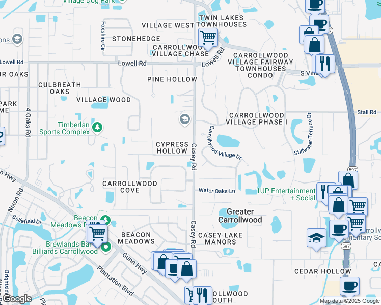 map of restaurants, bars, coffee shops, grocery stores, and more near 12102 Cypress Hollow Place in Tampa