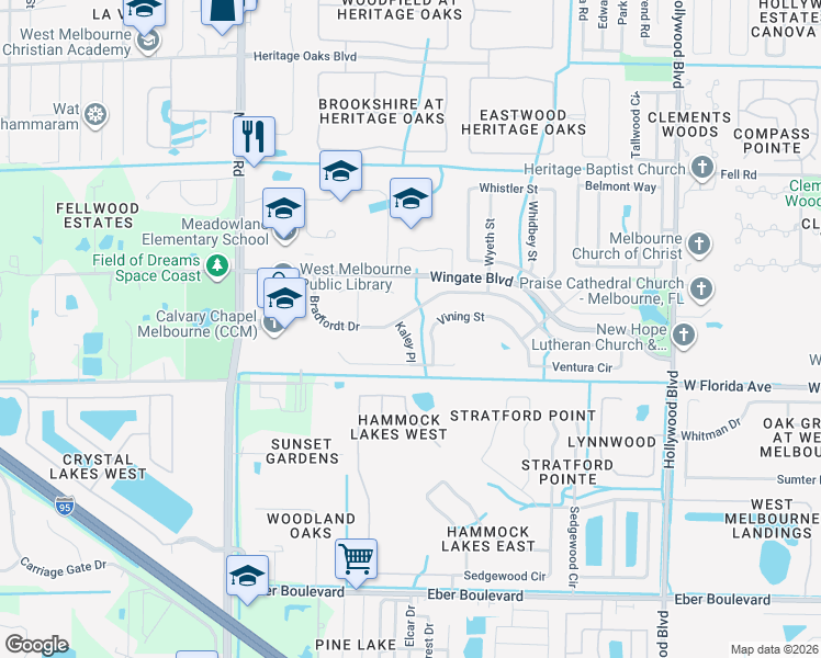 map of restaurants, bars, coffee shops, grocery stores, and more near 802 Kaley Place in West Melbourne