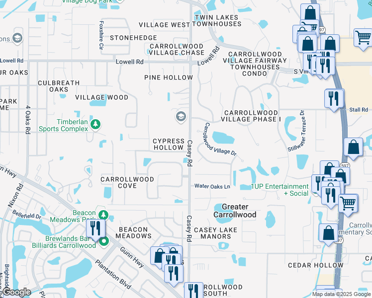 map of restaurants, bars, coffee shops, grocery stores, and more near 12102 Cypress Hollow Place in Tampa