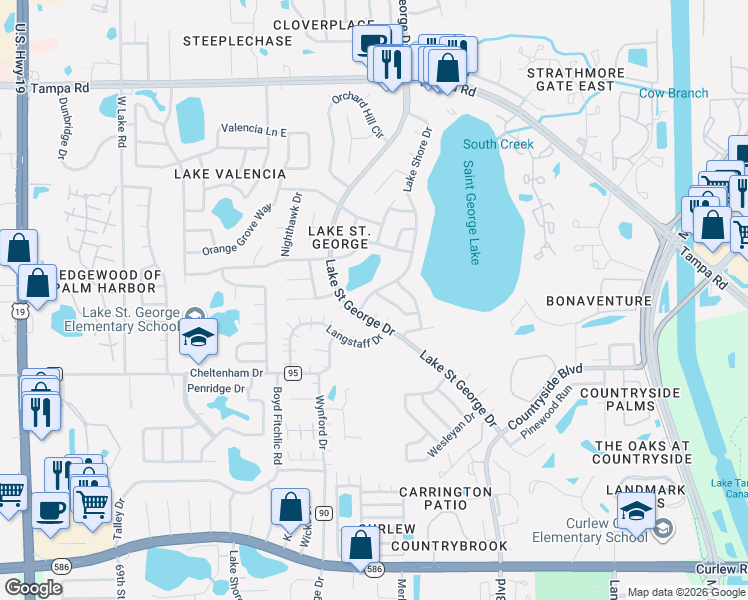 map of restaurants, bars, coffee shops, grocery stores, and more near 3310 Peterborough Place in Palm Harbor