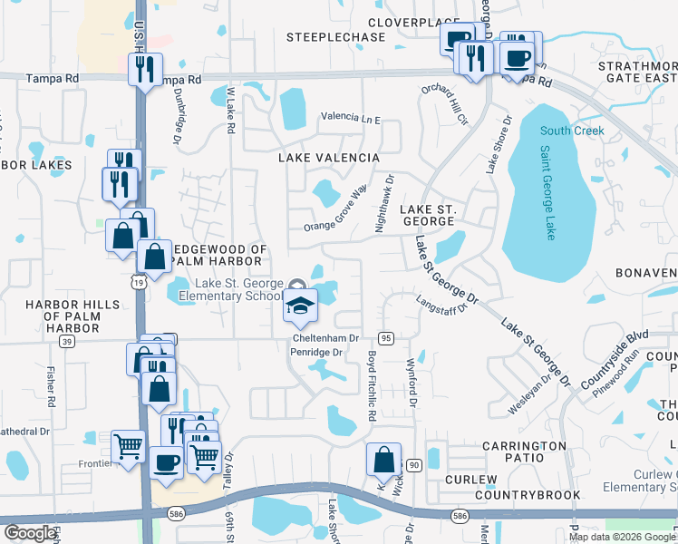 map of restaurants, bars, coffee shops, grocery stores, and more near 3775 Springhill Circle in Palm Harbor