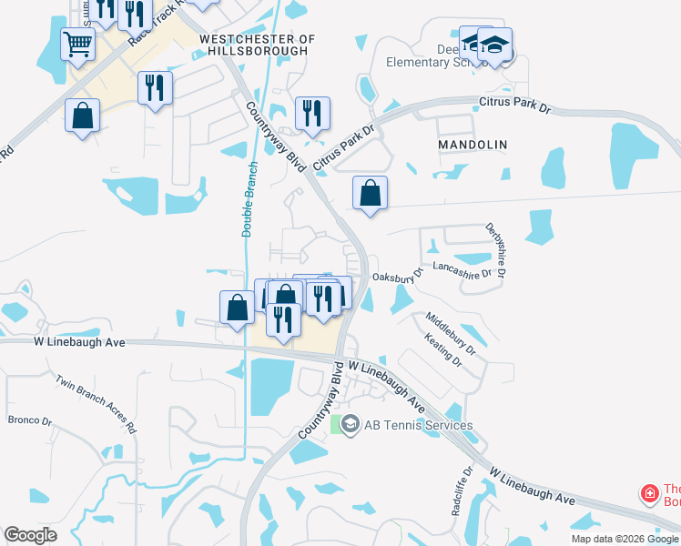 map of restaurants, bars, coffee shops, grocery stores, and more near 12201 Lexington Park Drive in Tampa
