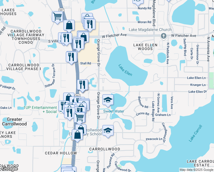 map of restaurants, bars, coffee shops, grocery stores, and more near 12401 Orange Grove Drive in Tampa