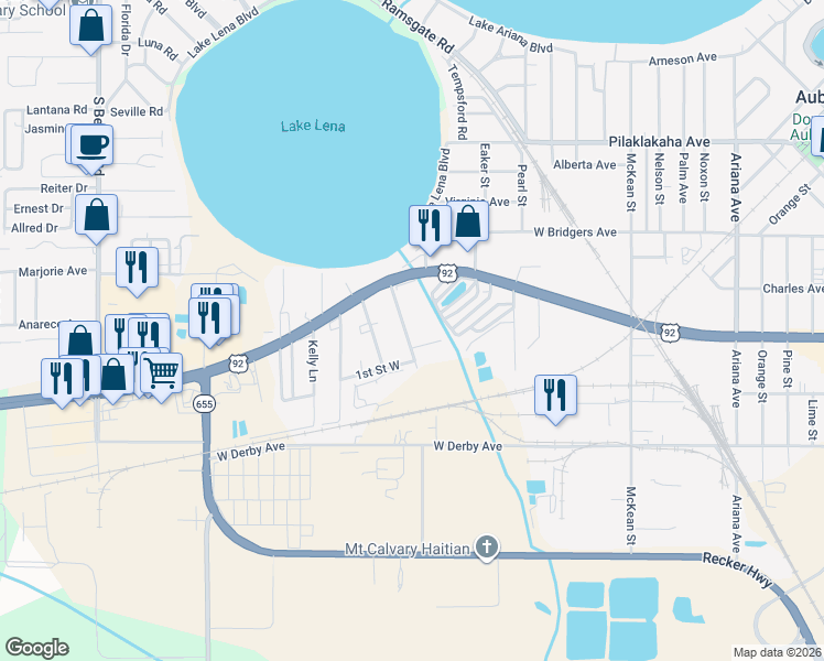 map of restaurants, bars, coffee shops, grocery stores, and more near 19 Tennessee Lane in Auburndale