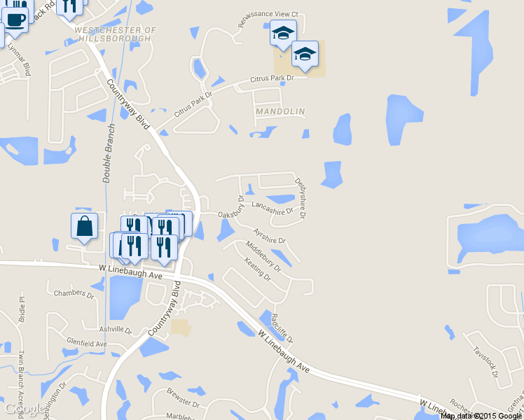 map of restaurants, bars, coffee shops, grocery stores, and more near 11826 Lancashire Drive in Tampa