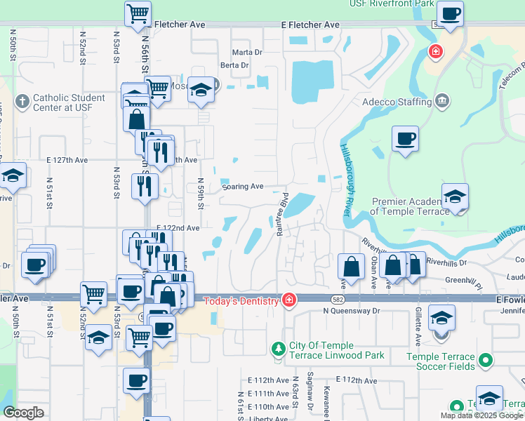 map of restaurants, bars, coffee shops, grocery stores, and more near 6013 Laketree Lane in Temple Terrace