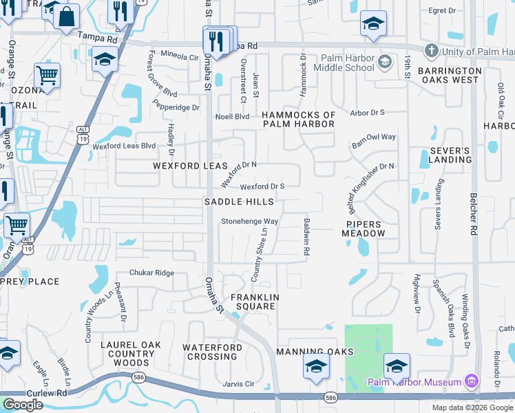 map of restaurants, bars, coffee shops, grocery stores, and more near 1450 Saddle Court in Palm Harbor