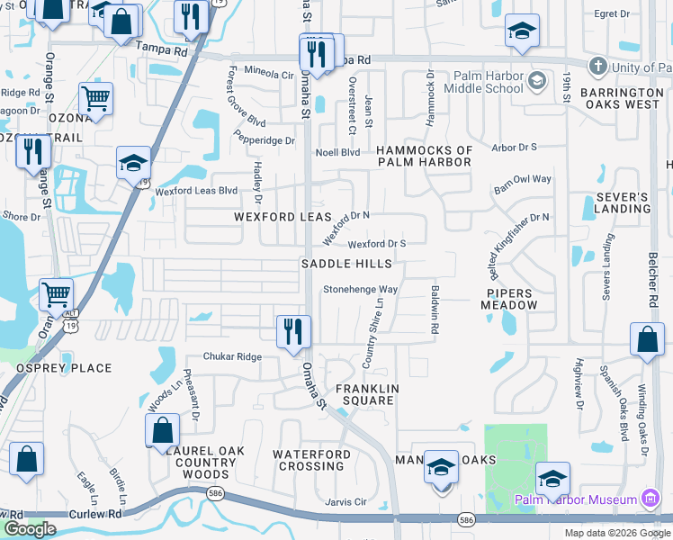 map of restaurants, bars, coffee shops, grocery stores, and more near 1366 Saddle Court in Palm Harbor