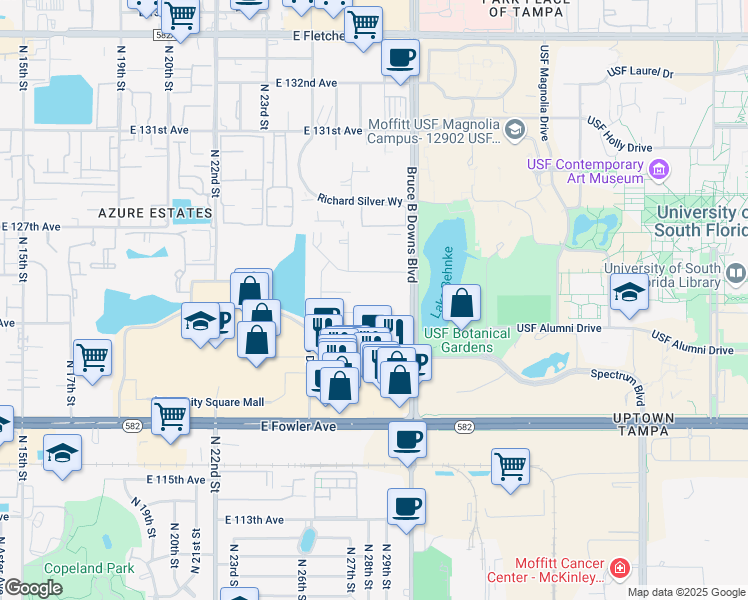 map of restaurants, bars, coffee shops, grocery stores, and more near 2811 Campus Hill Drive in Tampa