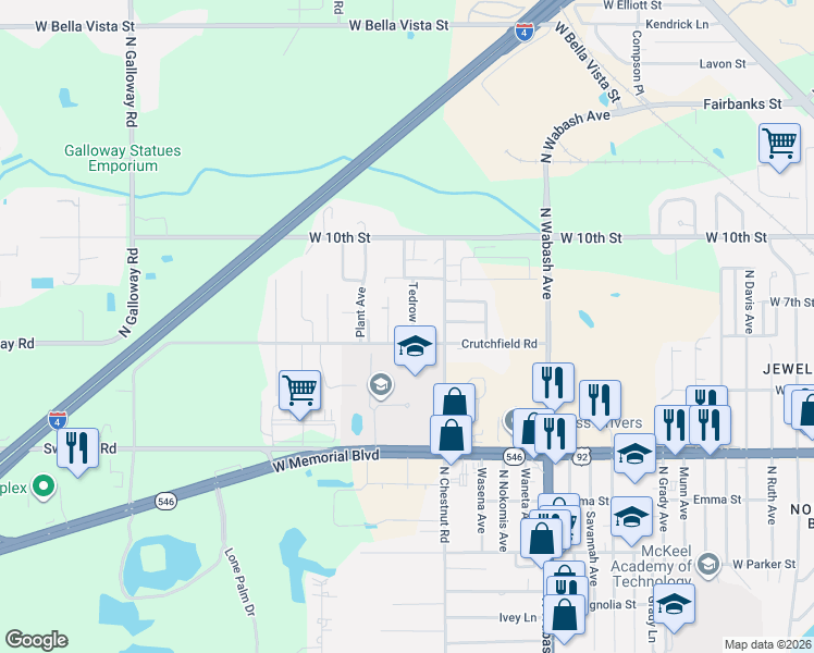 map of restaurants, bars, coffee shops, grocery stores, and more near 1209 El Camino Road in Lakeland