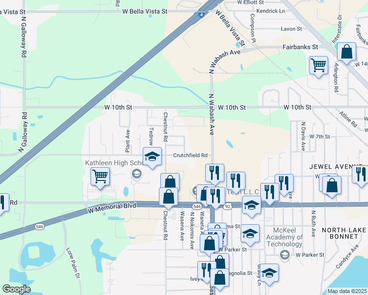 map of restaurants, bars, coffee shops, grocery stores, and more near 2222 Chestnut Hills Drive in Lakeland