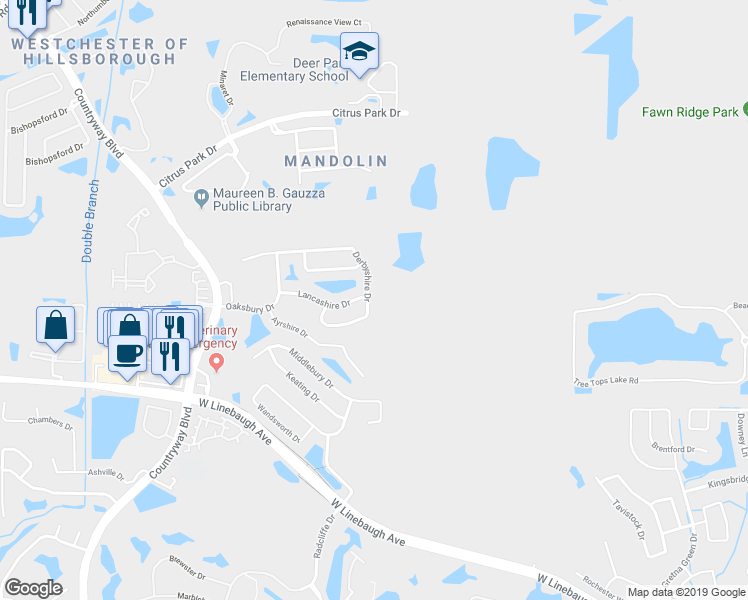 map of restaurants, bars, coffee shops, grocery stores, and more near 11741 Derbyshire Drive in Tampa