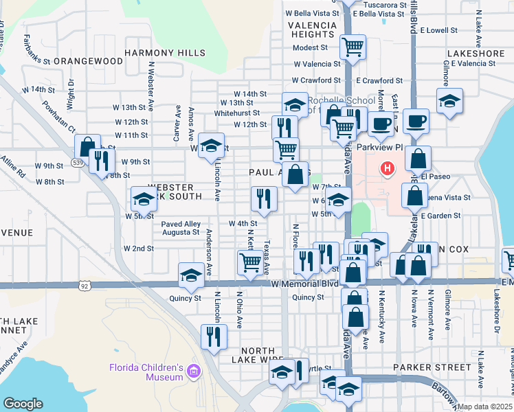 map of restaurants, bars, coffee shops, grocery stores, and more near 618 West 6th Street in Lakeland