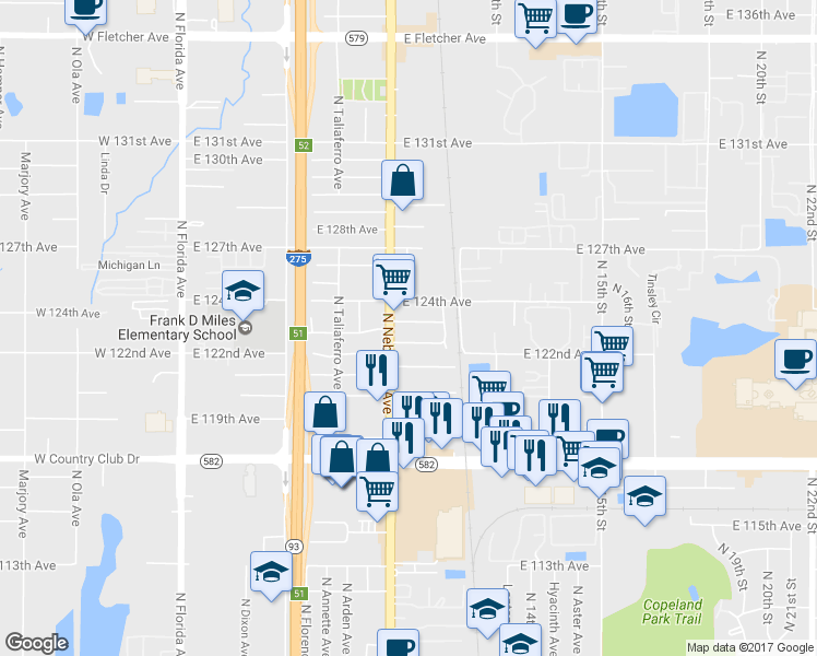 map of restaurants, bars, coffee shops, grocery stores, and more near 907 East 123rd Avenue in Tampa