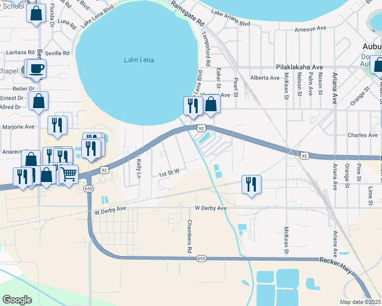map of restaurants, bars, coffee shops, grocery stores, and more near 19 Tennessee Lane in Auburndale