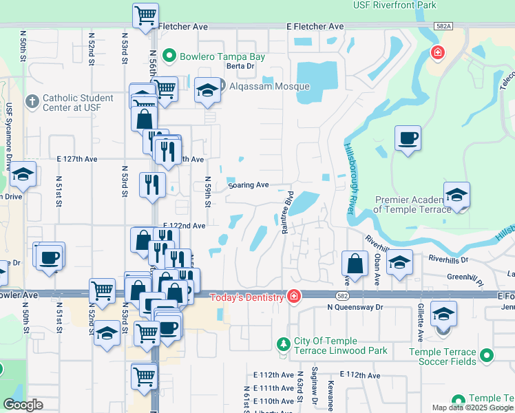 map of restaurants, bars, coffee shops, grocery stores, and more near 6011 Laketree Lane in Tampa