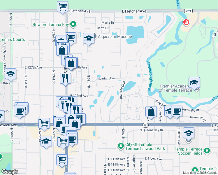 map of restaurants, bars, coffee shops, grocery stores, and more near 6011 Laketree Lane in Tampa