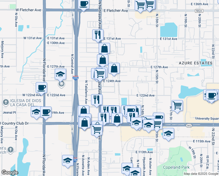 map of restaurants, bars, coffee shops, grocery stores, and more near 907 East 123rd Avenue in Tampa