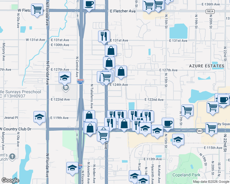 map of restaurants, bars, coffee shops, grocery stores, and more near 907 East 123rd Avenue in Tampa