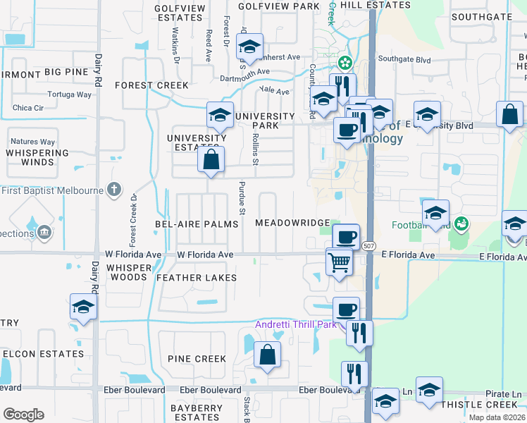 map of restaurants, bars, coffee shops, grocery stores, and more near 3403 Mazur Drive in Melbourne