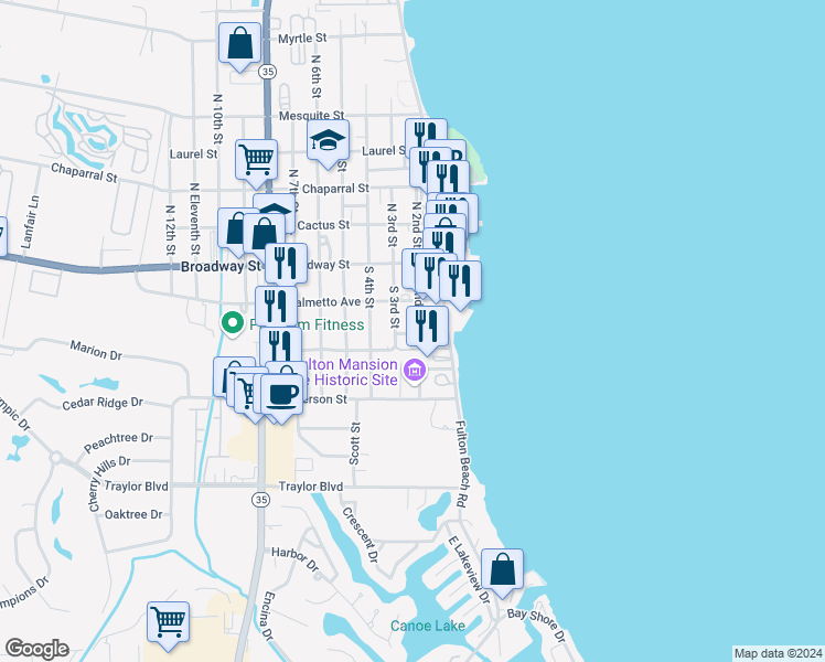 map of restaurants, bars, coffee shops, grocery stores, and more near 213 South 2nd Street in Rockport