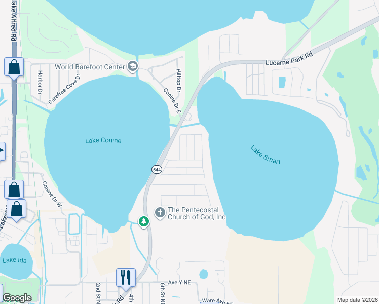 map of restaurants, bars, coffee shops, grocery stores, and more near 412 Winter Ridge Boulevard in Winter Haven