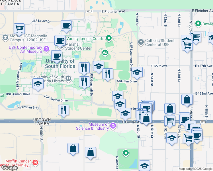map of restaurants, bars, coffee shops, grocery stores, and more near 12499 USF Bull Run Drive in Tampa