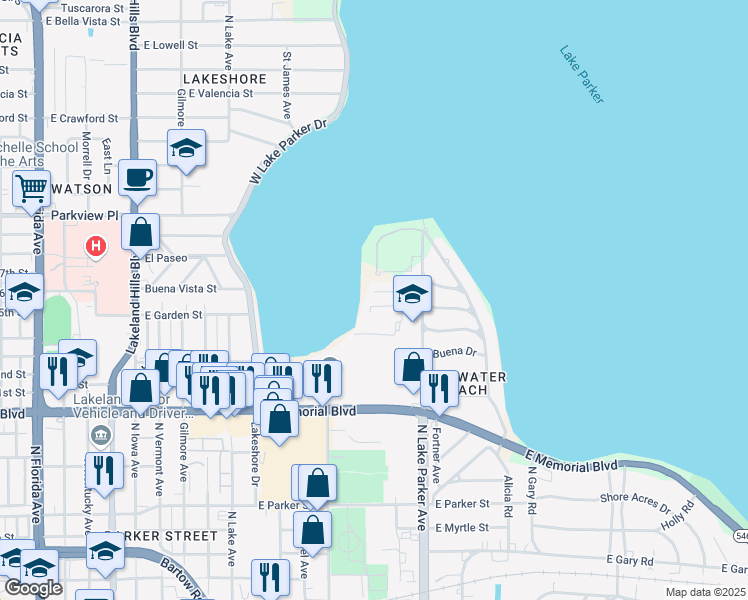 map of restaurants, bars, coffee shops, grocery stores, and more near 1103 Lake Place Court in Lakeland