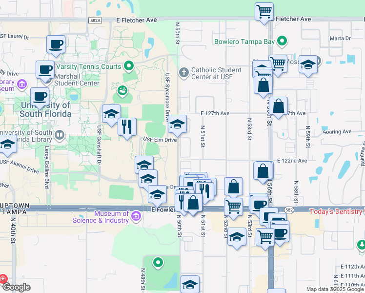 map of restaurants, bars, coffee shops, grocery stores, and more near 5116 Sunridge Palms Drive in Tampa