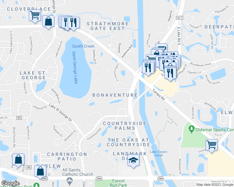 map of restaurants, bars, coffee shops, grocery stores, and more near 3021 Bonaventure Circle in Palm Harbor