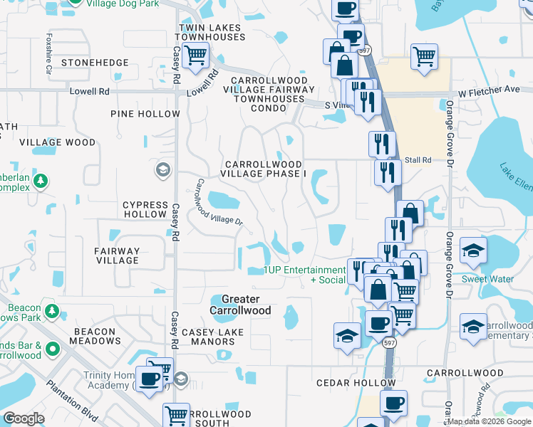 map of restaurants, bars, coffee shops, grocery stores, and more near 12904 Golf Crest Terrace in Tampa