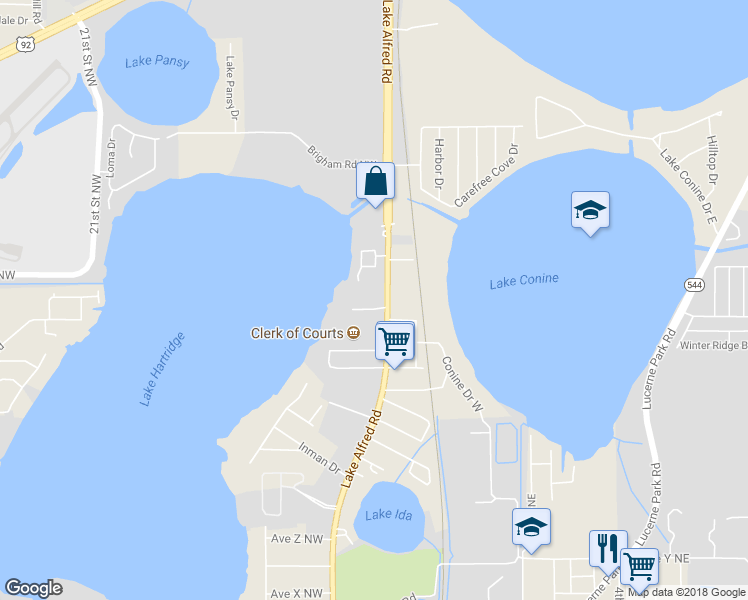 map of restaurants, bars, coffee shops, grocery stores, and more near 3535 Lake Alfred Road in Winter Haven