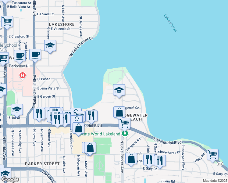 map of restaurants, bars, coffee shops, grocery stores, and more near 1151 Lake Place Court in Lakeland