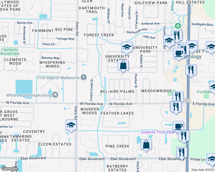 map of restaurants, bars, coffee shops, grocery stores, and more near 3392 Floral Palm Boulevard in Melbourne
