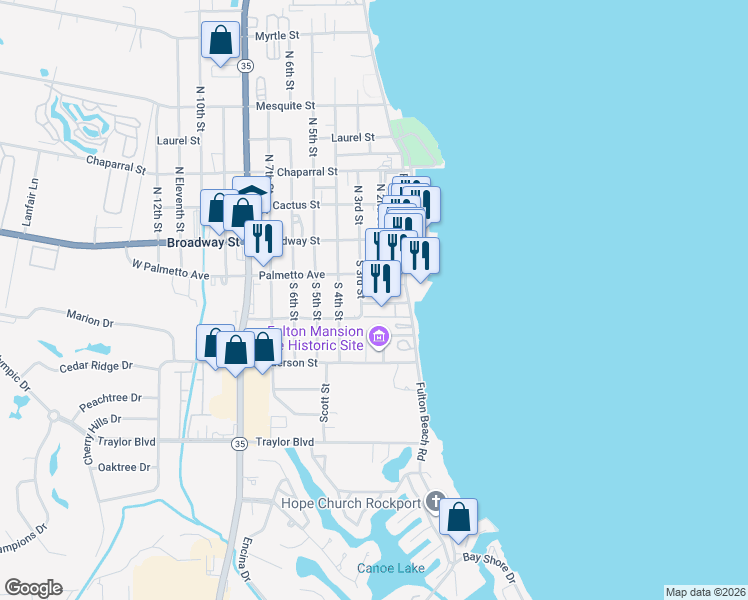 map of restaurants, bars, coffee shops, grocery stores, and more near 201 Fulton Avenue in Rockport
