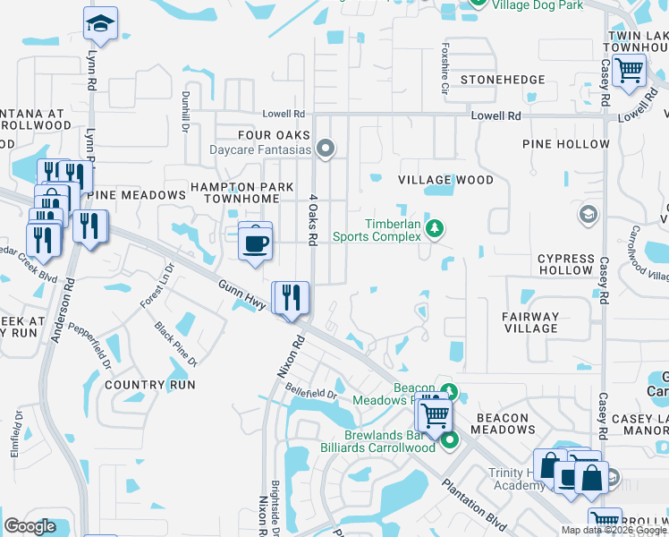 map of restaurants, bars, coffee shops, grocery stores, and more near 12307 Cambridge Avenue in Tampa