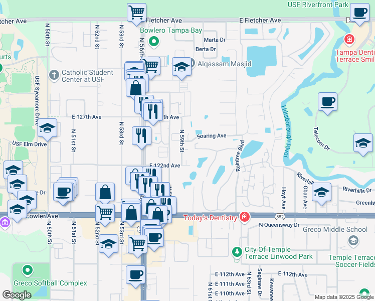 map of restaurants, bars, coffee shops, grocery stores, and more near 12206 North 59th Street in Tampa