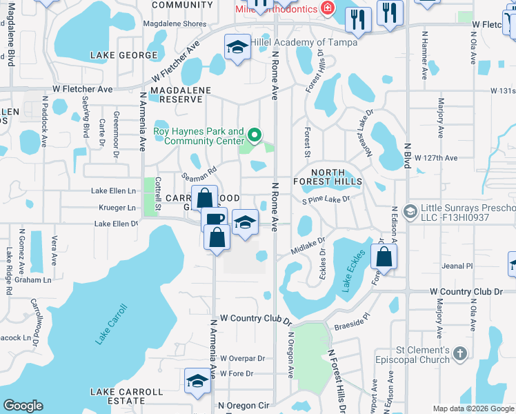map of restaurants, bars, coffee shops, grocery stores, and more near 12309 North Oakleaf Avenue in Tampa