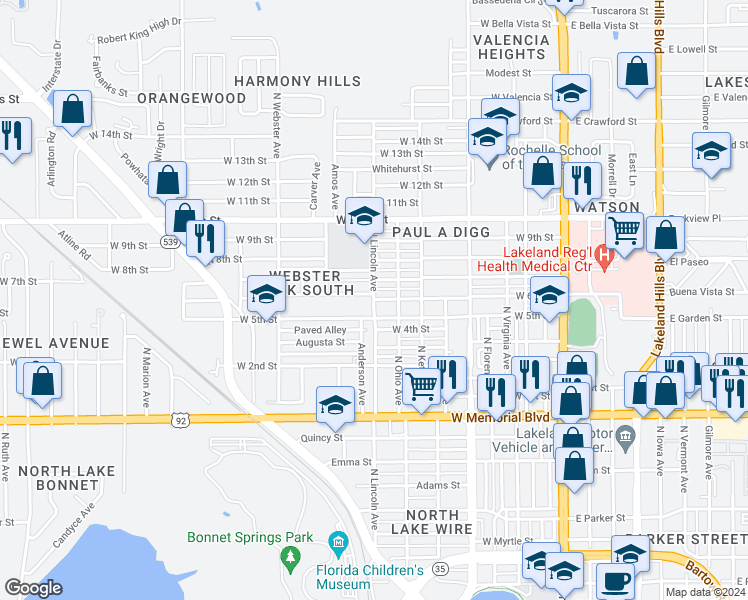 map of restaurants, bars, coffee shops, grocery stores, and more near 1219 North Lincoln Avenue in Lakeland