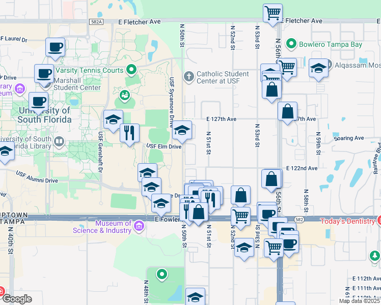 map of restaurants, bars, coffee shops, grocery stores, and more near 5029 Sunridge Palms Drive in Tampa