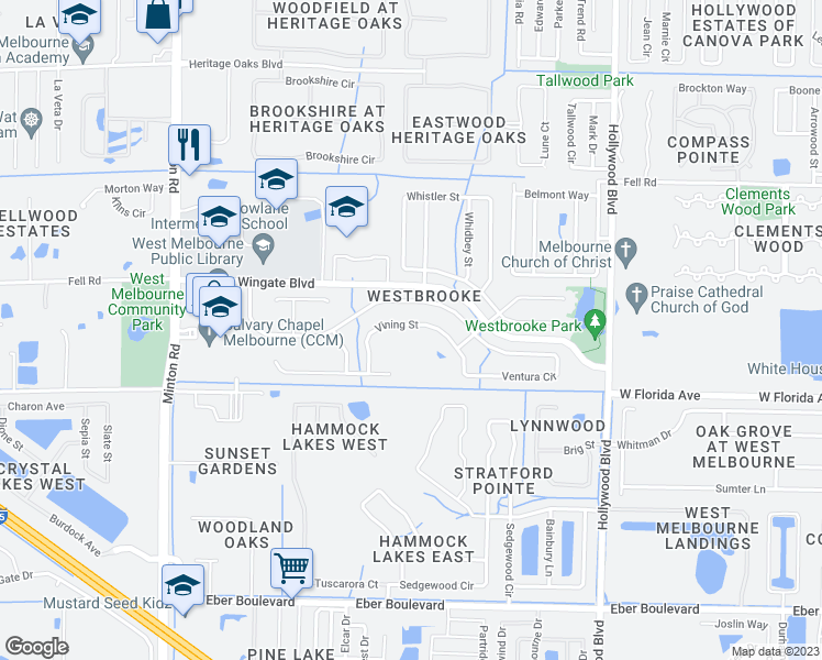 map of restaurants, bars, coffee shops, grocery stores, and more near 2638 Vining Street in Melbourne
