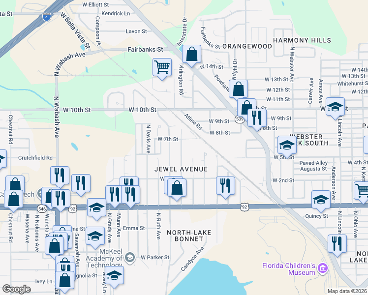 map of restaurants, bars, coffee shops, grocery stores, and more near 1214 Jewel Avenue in Lakeland