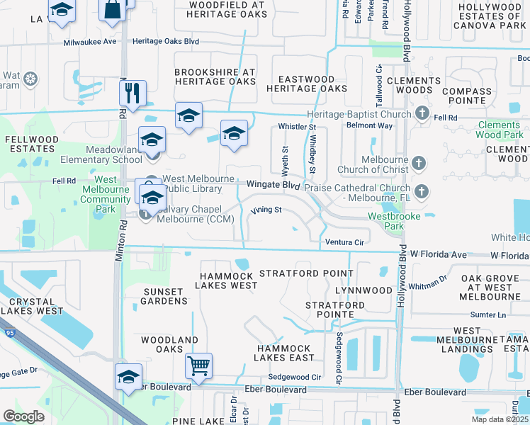 map of restaurants, bars, coffee shops, grocery stores, and more near 2646 Vining Street in Melbourne