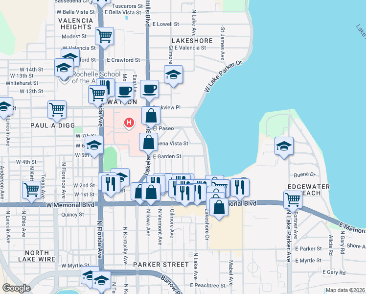map of restaurants, bars, coffee shops, grocery stores, and more near 742 East Garden Street in Lakeland