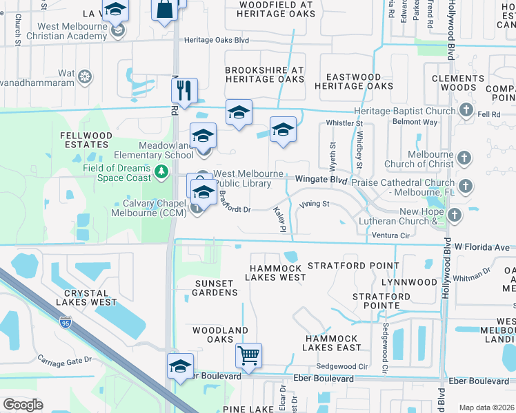 map of restaurants, bars, coffee shops, grocery stores, and more near 2707 Bradfordt Drive in Melbourne